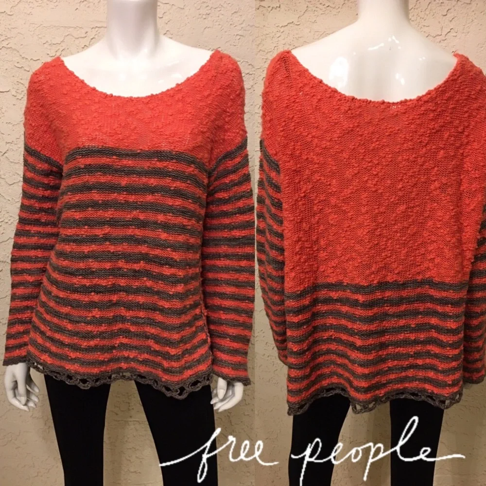 Free People Orange Gray Striped Nubby Knit Sweater Sz L